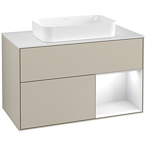 Villeroy und Boch Finion Waschtischunterschrank F251GFHH 100x60,3cm, Abdeckplatte white matt, Regal rechts Glossy white lacquer, Sand Matt Lacquer