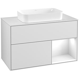 Villeroy et Boch Finion Villeroy et Boch F251GFMT 100x60,3cm, plaque de finition blanc mat, étagère à droite laqué blanc brillant, laqué blanc mat