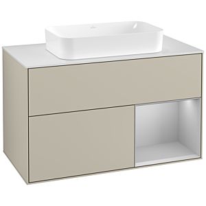 Villeroy und Boch Finion Waschtischunterschrank F251GJHH 100x60,3cm, Abdeckplatte white matt, Regal rechts Light grey matt, Sand Matt Lacquer