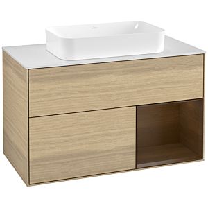 Villeroy und Boch Finion Waschtischunterschrank F251GNPC 100x60,3cm, Abdeckplatte white matt, Regal rechts Walnut veneer, Oak Veneer