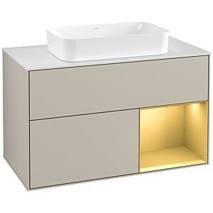 Villeroy und Boch Finion Waschtischunterschrank F251HFHH 100x60,3cm, Abdeckplatte white matt, Regal rechts Gold matt, Sand Matt Lacquer
