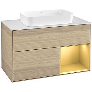 Villeroy und Boch Finion Waschtischunterschrank F251HFPC 100x60,3cm, Abdeckplatte white matt, Regal rechts Gold matt, Oak Veneer