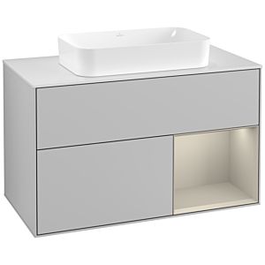Villeroy und Boch Finion Waschtischunterschrank F251HHGJ 100x60,3cm, Abdeckplatte white matt, Regal rechts Sand Matt, Light grey matt