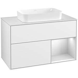 Villeroy et Boch Finion Villeroy et Boch F251MTGF 100x60,3cm, plaque de finition blanc mat, étagère à droite laqué blanc mat, laqué blanc brillant