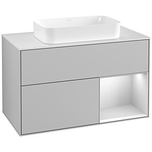 Villeroy und Boch Finion Waschtischunterschrank F251MTGJ 100x60,3cm, Abdeckplatte white matt, Regal rechts White matt lacquer, Light grey matt