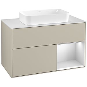 Villeroy und Boch Finion Waschtischunterschrank F251MTHH 100x60,3cm, Abdeckplatte white matt, Regal rechts White matt lacquer, Sand Matt Lacquer