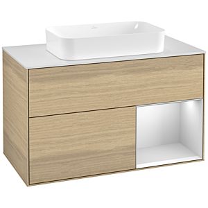 Villeroy et Boch Finion Villeroy et Boch F251MTPC 100x60,3cm, plaque de finition blanc mat, étagère à droite laqué blanc mat, Oak Veneer
