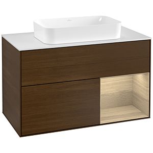 Villeroy und Boch Finion Waschtischunterschrank F251PCGN 100x60,3cm, Abdeckplatte white matt, Regal rechts Oak Veneer, Walnut veneer