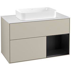 Villeroy und Boch Finion Waschtischunterschrank F251PDHH 100x60,3cm, Abdeckplatte white matt, Regal rechts Black matt lacquer, Sand Matt Lacquer
