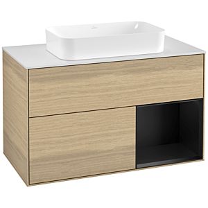 Villeroy et Boch Finion Villeroy et Boch F251PDPC 100x60,3cm, plaque de finition blanc mat, étagère à droite laqué noir mat, Oak Veneer