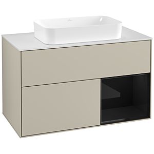 Villeroy und Boch Finion Waschtischunterschrank F251PHHH 100x60,3cm, Abdeckplatte white matt, Regal rechts Glossy Black Lacquer, Sand Matt Lacquer
