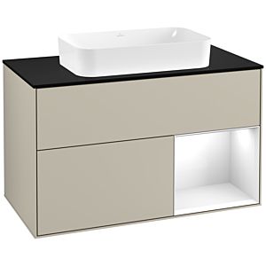 Villeroy und Boch Finion Waschtischunterschrank F252GFHH 100x60,3cm, Abdeckplatte black matt, Regal rechts Glossy white lacquer, Sand Matt Lacquer