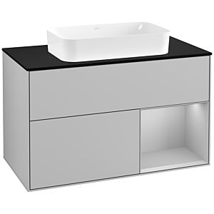 Villeroy und Boch Finion Waschtischunterschrank F252GJGJ 100x60,3cm, Abdeckplatte black matt, Regal rechts Light grey matt, Light grey matt