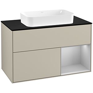Villeroy und Boch Finion Waschtischunterschrank F252GJHH 100x60,3cm, Abdeckplatte black matt, Regal rechts Light grey matt, Sand Matt Lacquer