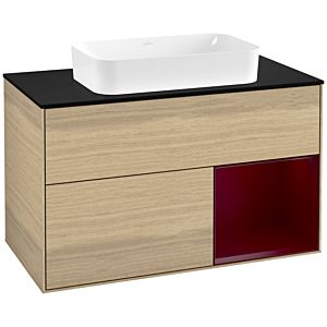 Villeroy und Boch Finion Waschtischunterschrank F252HBPC 100x60,3cm, Abdeckplatte black matt, Regal rechts Peony, Oak Veneer
