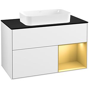 Villeroy et Boch Finion Villeroy et Boch F252HFGF 100x60,3cm, plaque de finition noir mat, étagère droite or mat, laqué blanc brillant