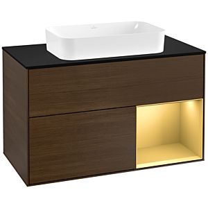 Villeroy und Boch Finion Waschtischunterschrank F252HFGN 100x60,3cm, Abdeckplatte black matt, Regal rechts Gold matt, Walnut veneer