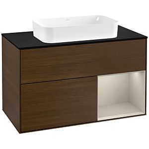 Villeroy und Boch Finion Waschtischunterschrank F252HHGN 100x60,3cm, Abdeckplatte black matt, Regal rechts Sand Matt, Walnut veneer