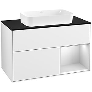 Villeroy und Boch Finion Waschtischunterschrank F252MTGF 100x60,3cm, Abdeckplatte black matt, Regal rechts White matt lacquer, Glossy white lacquer