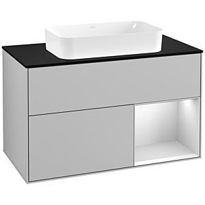 Villeroy und Boch Finion Waschtischunterschrank F252MTGJ 100x60,3cm, Abdeckplatte black matt, Regal rechts White matt lacquer, Light grey matt