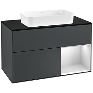 Villeroy et Boch Finion Villeroy et Boch F252MTHG 100x60,3cm, plaque de finition noir mat, étagère à droite laqué blanc mat, Midnight Blue Matt Lacquer