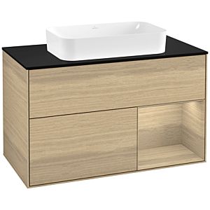 Villeroy und Boch Finion Waschtischunterschrank F252PCPC 100x60,3cm, Abdeckplatte black matt, Regal rechts Oak Veneer, Oak Veneer
