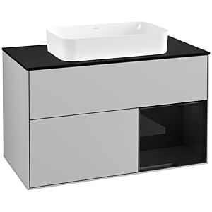 Villeroy und Boch Finion Waschtischunterschrank F252PHGJ 100x60,3cm, Abdeckplatte black matt, Regal rechts Glossy Black Lacquer, Light grey matt