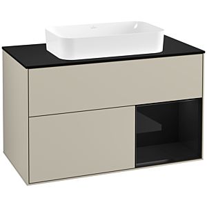 Villeroy und Boch Finion Waschtischunterschrank F252PHHH 100x60,3cm, Abdeckplatte black matt, Regal rechts Glossy Black Lacquer, Sand Matt Lacquer