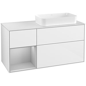 Villeroy und Boch Finion Waschtischunterschrank F271GJGF 120cm, Abdeckplatte white matt, Regal links Light grey matt, Glossy white lacquer