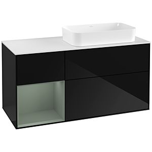 Villeroy und Boch Finion Waschtischunterschrank F271GMPH 120cm, Abdeckplatte white matt, Regal links Olive Matt Lacquer, Glossy Black Lacquer