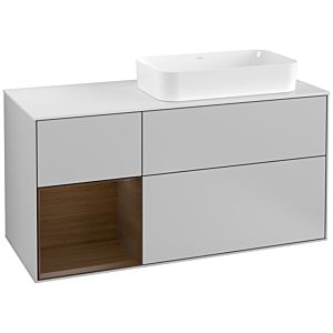 Villeroy und Boch Finion Waschtischunterschrank F271GNGJ 120cm, Abdeckplatte white matt, Regal links Walnut veneer, Light grey matt