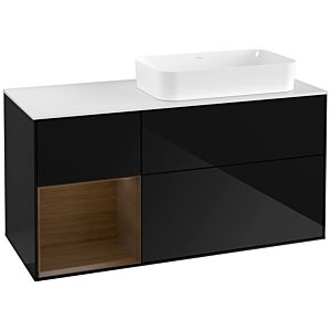 Villeroy und Boch Finion Waschtischunterschrank F271GNPH 120cm, Abdeckplatte white matt, Regal links Walnut veneer, Glossy Black Lacquer