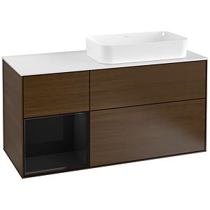 Villeroy und Boch Finion Waschtischunterschrank F271PHGN 120cm, Abdeckplatte white matt, Regal links Glossy Black Lacquer, Walnut veneer
