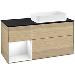 Villeroy und Boch Finion Waschtischunterschrank F272GFPC 120cm, Abdeckplatte black matt, Regal links Glossy white lacquer, Oak Veneer