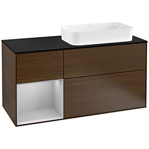 Villeroy und Boch Finion Waschtischunterschrank F272GJGN 120cm, Abdeckplatte black matt, Regal links Light grey matt, Walnut veneer