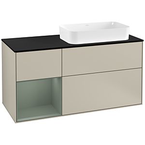 Villeroy und Boch Finion Waschtischunterschrank F272GMHH 120cm, Abdeckplatte black matt, Regal links Olive Matt Lacquer, Sand Matt Lacquer