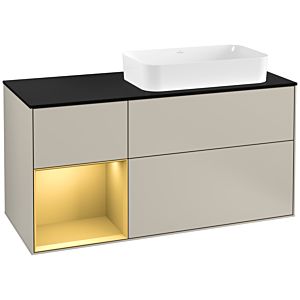Villeroy und Boch Finion Waschtischunterschrank F272HFHH 120cm, Abdeckplatte black matt, Regal links Gold matt, Sand Matt Lacquer