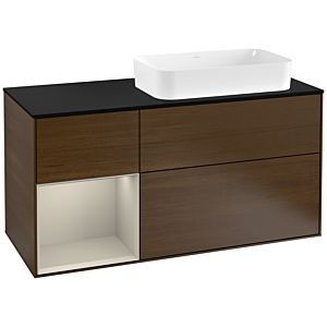 Villeroy und Boch Finion Waschtischunterschrank F272HHGN 120cm, Abdeckplatte black matt, Regal links Sand Matt Lacquer, Walnut veneer