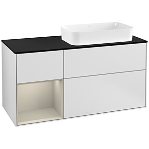 Villeroy und Boch Finion Waschtischunterschrank F272HHMT 120cm, Abdeckplatte black matt, Regal links Sand Matt Lacquer, White matt lacquer