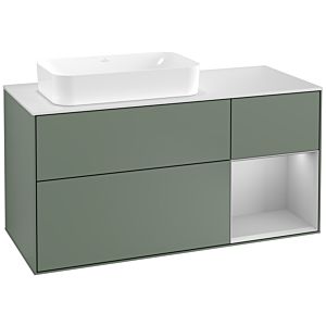 Villeroy und Boch Finion Waschtischunterschrank F281GJGM 120cm, Abdeckplatte white matt, Regal rechts Light grey matt, Olive Matt Lacquer