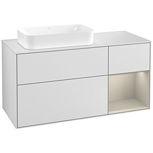 Villeroy und Boch Finion Waschtischunterschrank F281HHMT 120cm, Abdeckplatte white matt, Regal rechts Sand Matt, White matt lacquer