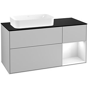 Villeroy und Boch Finion Waschtischunterschrank F282GFGJ 120cm, Abdeckplatte black matt, Regal rechts Glossy white lacquer, Light grey matt