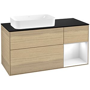 Villeroy und Boch Finion Waschtischunterschrank F282GFPC 120cm, Abdeckplatte black matt, Regal rechts Glossy white lacquer, Oak Veneer