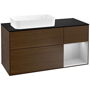 Villeroy und Boch Finion Waschtischunterschrank F282GJGN 120cm, Abdeckplatte black matt, Regal rechts Light grey matt, Walnut veneer