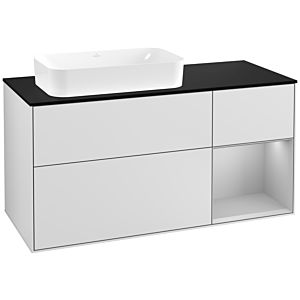 Villeroy und Boch Finion Waschtischunterschrank F282GJMT 120cm, Abdeckplatte black matt, Regal rechts Light grey matt, White matt lacquer