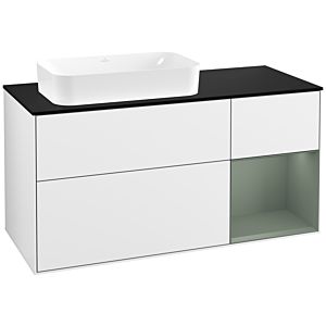 Villeroy und Boch Finion Waschtischunterschrank F282GMGF 120cm, Abdeckplatte black matt, Regal rechts Olive Matt Lacquer, Glossy white lacquer