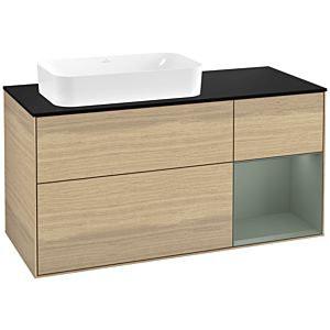 Villeroy und Boch Finion Waschtischunterschrank F282GMPC 120cm, Abdeckplatte black matt, Regal rechts Olive Matt Lacquer, Oak Veneer
