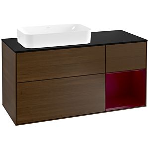 Villeroy und Boch Finion Waschtischunterschrank F282HBGN 120cm, Abdeckplatte black matt, Regal rechts Peony, Walnut veneer