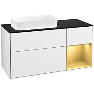 Villeroy und Boch Finion Waschtischunterschrank F282HFGF 120cm, Abdeckplatte black matt, Regal rechts Gold matt, Glossy white lacquer