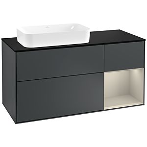 Villeroy und Boch Finion Waschtischunterschrank F282HHHG 120cm, Abdeckplatte black matt, Regal rechts Sand Matt, Midnight Blue Matt Lacquer